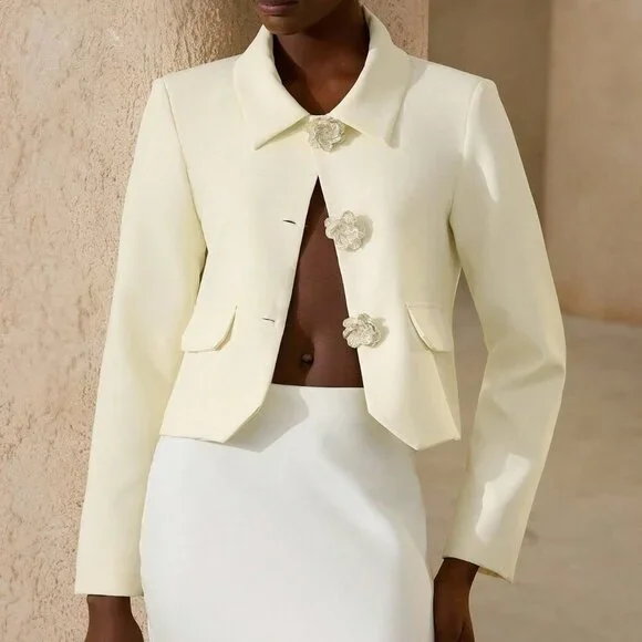 Yellow Elegant Women's Formal Blazer with Ornate Floral Details - Picture 5 of 7